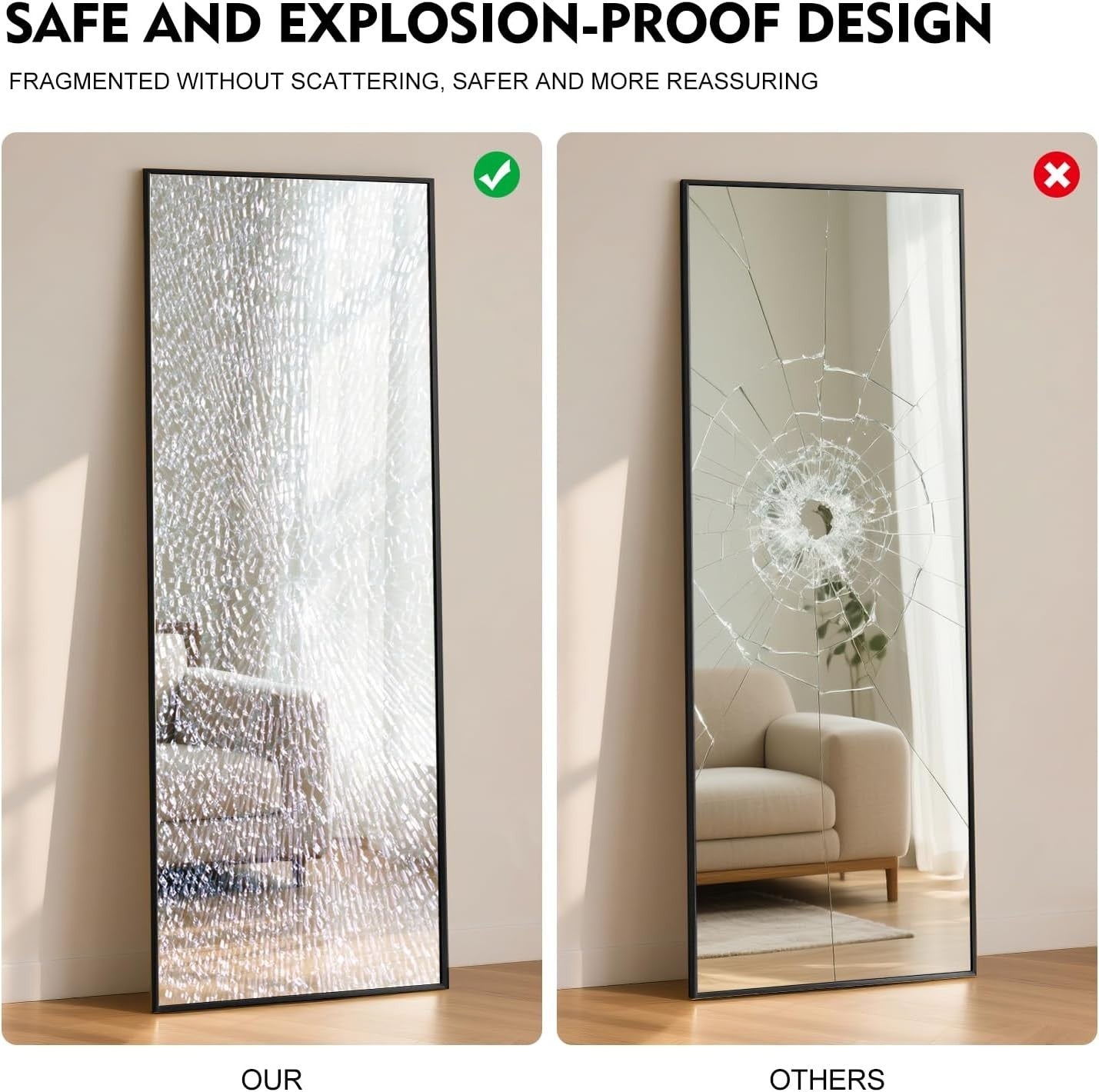 Full Length Mirror 163x53cm Square Black Frame, Shatterproof for Bedroom