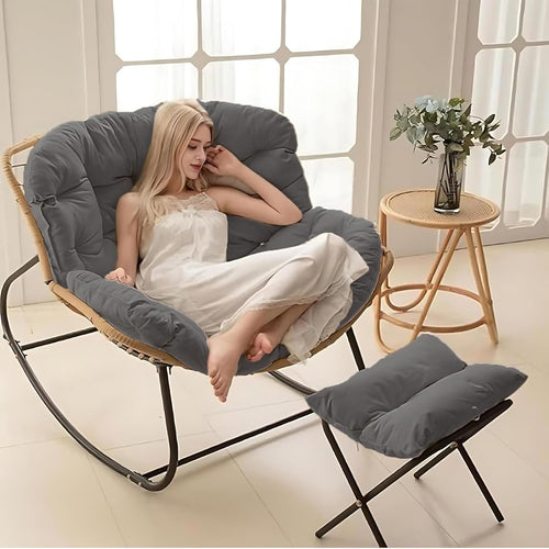 Oversized Rocking Chair with Footstool, Ergonomic Soft Cushion Lounge Seat
