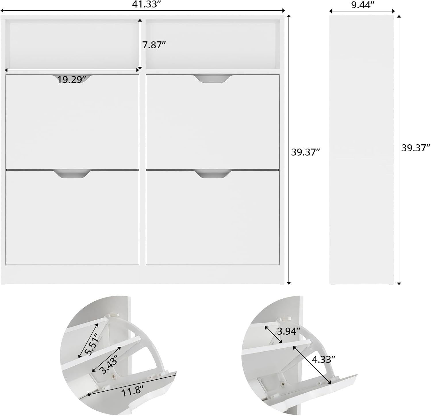 Modern White Shoe Storage Cabinet – 4 Flip Drawers, Adjustable Shelves