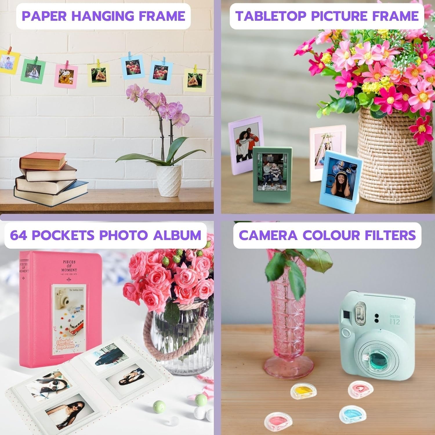 Instant Camera Bundle Purple 40 Film Shots Case Album Filters Kit