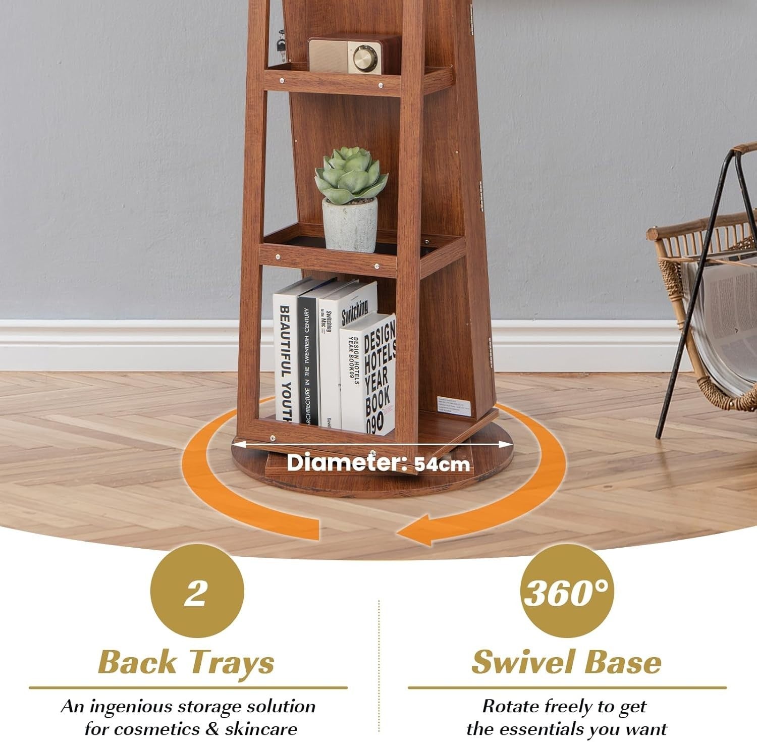 360° Swivel Jewelry Armoire Lockable Full Length Mirror LED Storage Brown