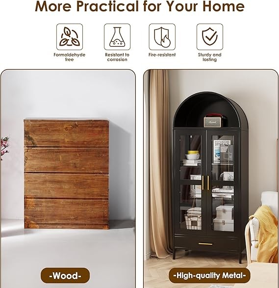 Tall White Arched Pantry Cabinet – 2-Door Glass Storage Unit 185cm Modern