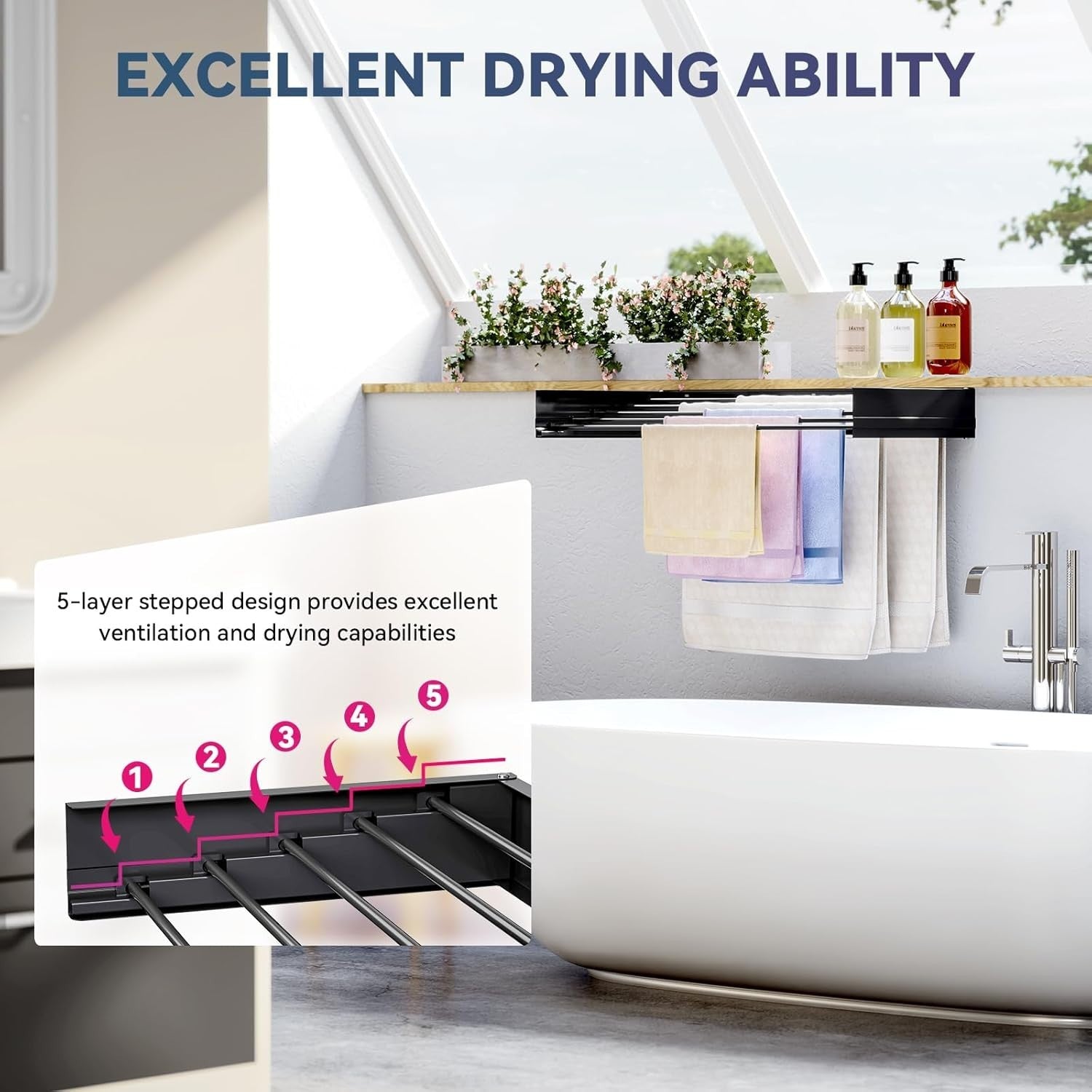 80cm Wall Mounted Retractable Clothes Drying Rack Foldable Airer Black