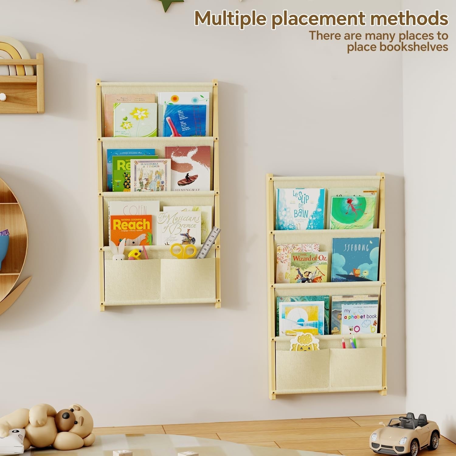 Wall Mounted Kids Bookshelf 4-Tier Solid Wood Floating Book Rack Organizer
