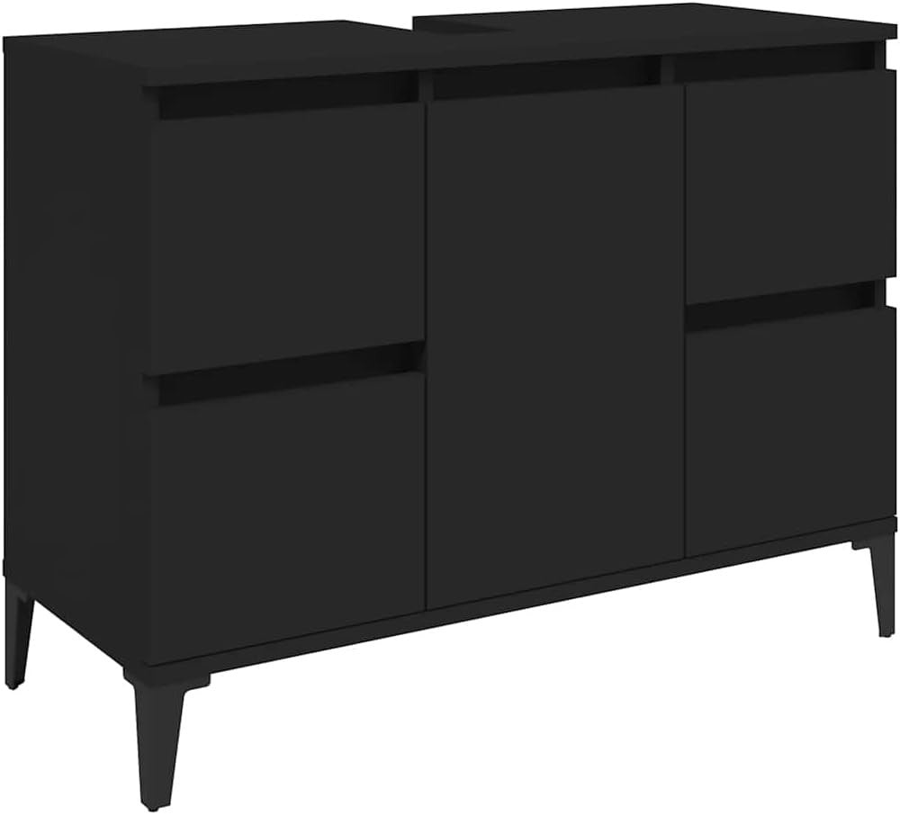 Black Under Sink Bathroom Cabinet 4 Drawer Vanity Unit Modern 80x60cm MDF