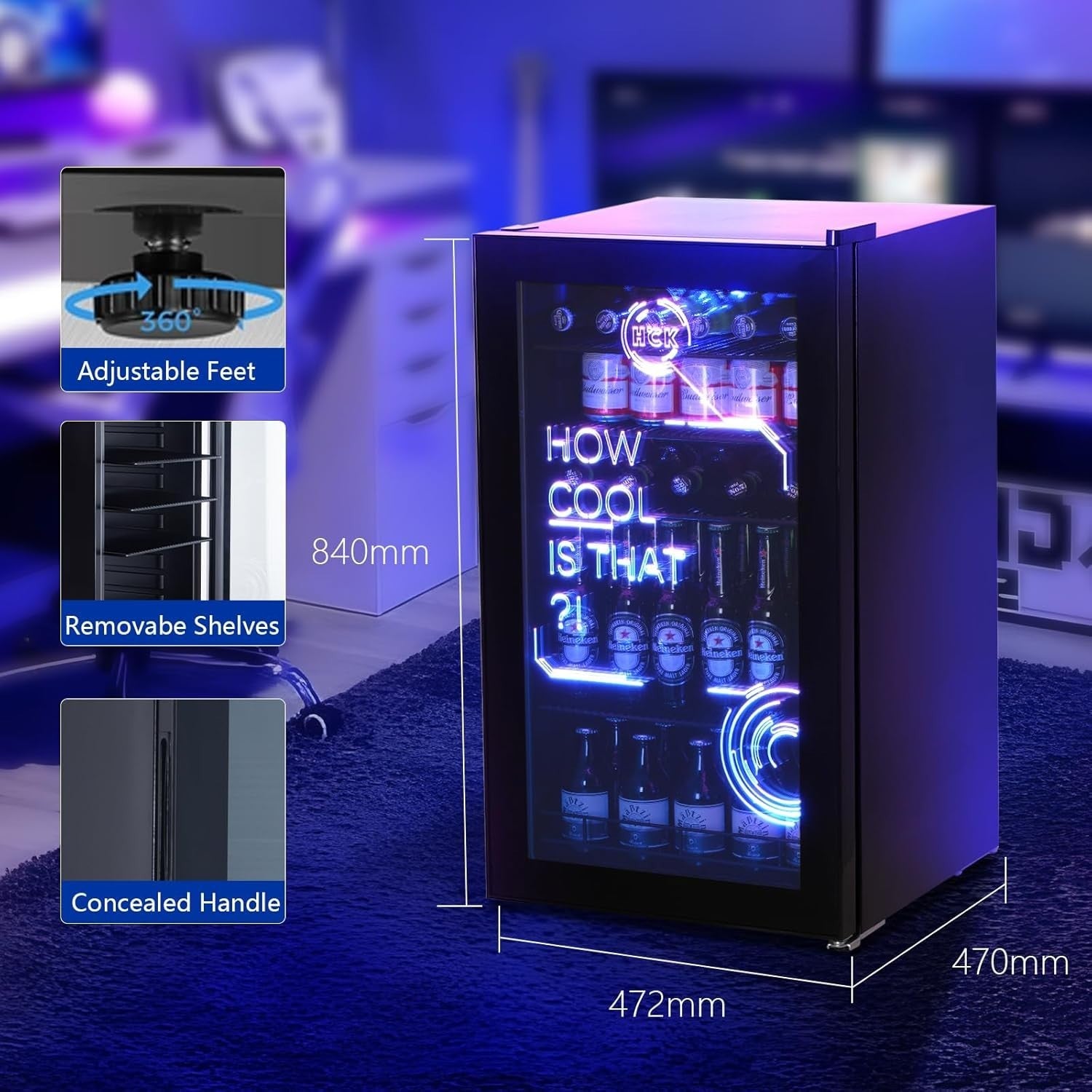 98L Mini Fridge with LED Lights Cyberpunk Bar Cooler Frost-Free Low Noise