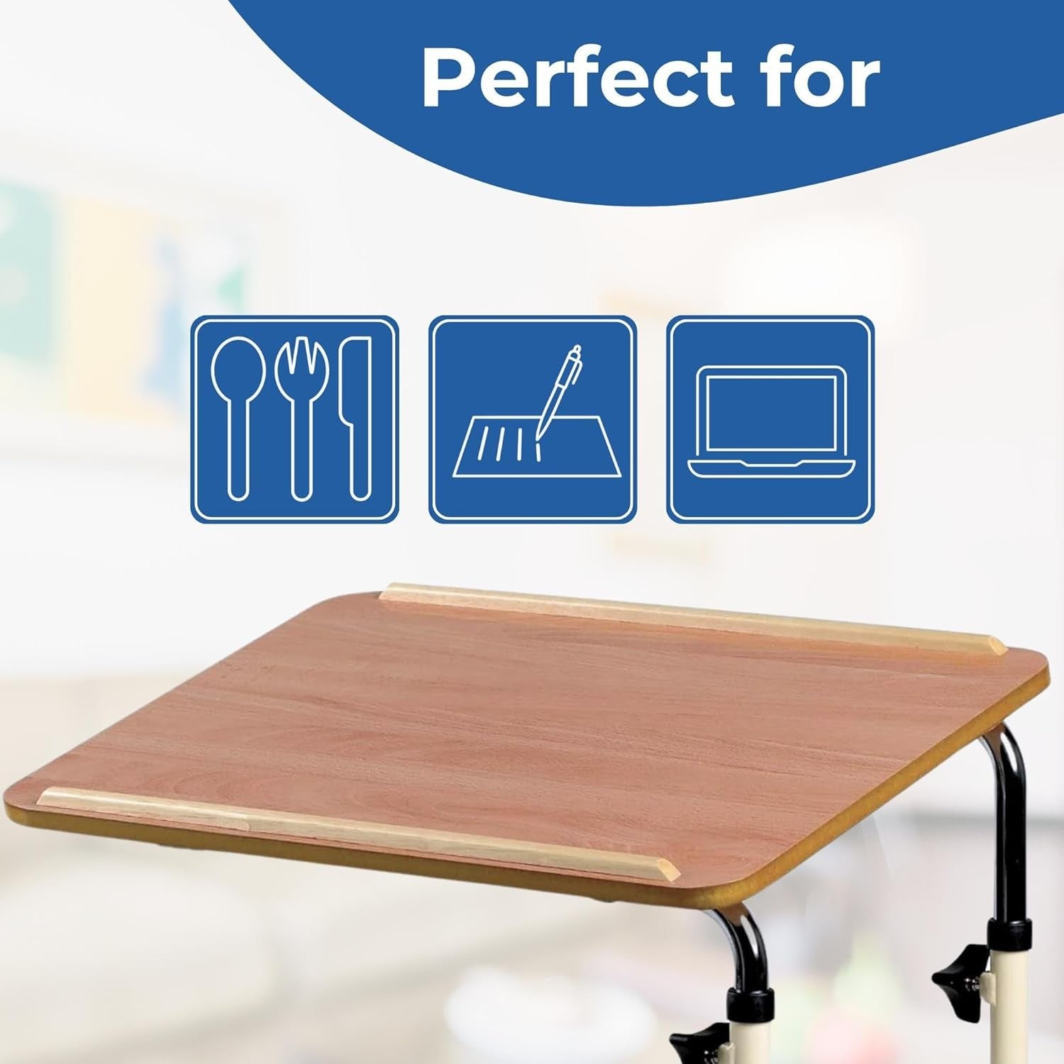 Adjustable Overbed Table with Wheels Bedside Laptop Meal Table Wood Finish