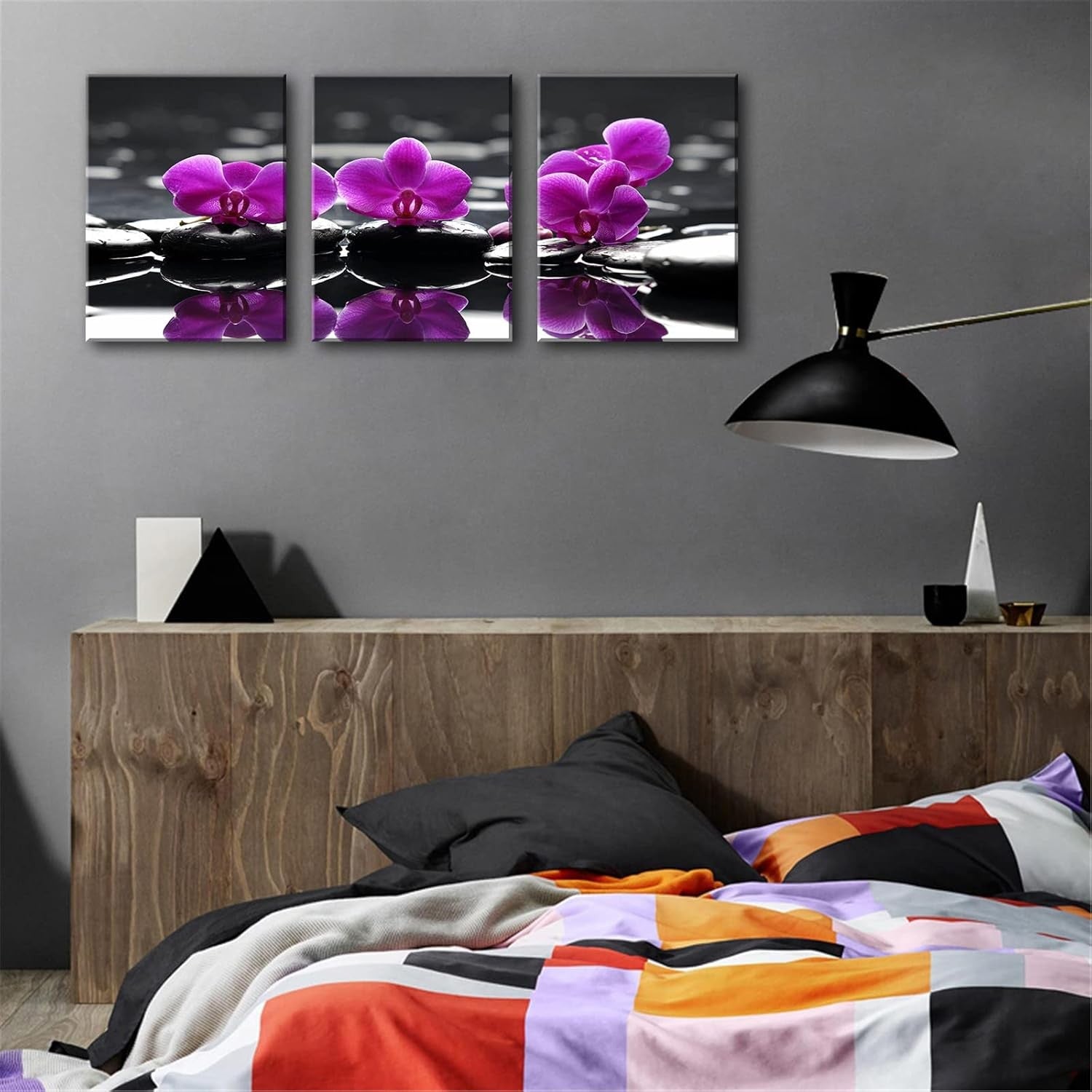 3‑Piece Purple Orchid & Black Stone Canvas Wall Art 12×16″ Decor