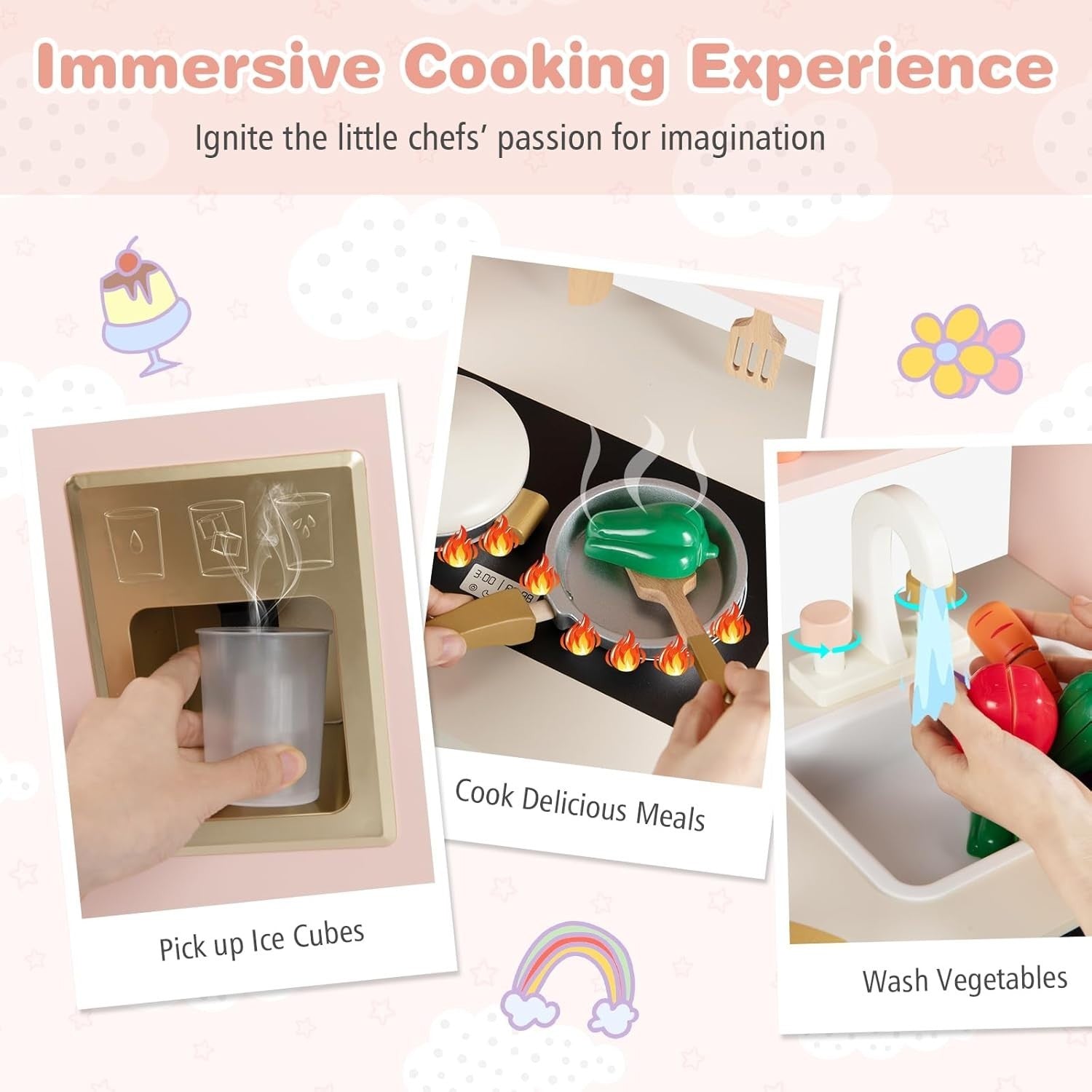 Wooden Kids Play Kitchen Pink Coffee Maker Oven 17PCS Accessories