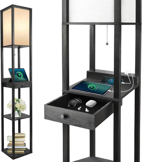Floor Lamp with Shelves Drawer USB C LED Wooden Standing Storage