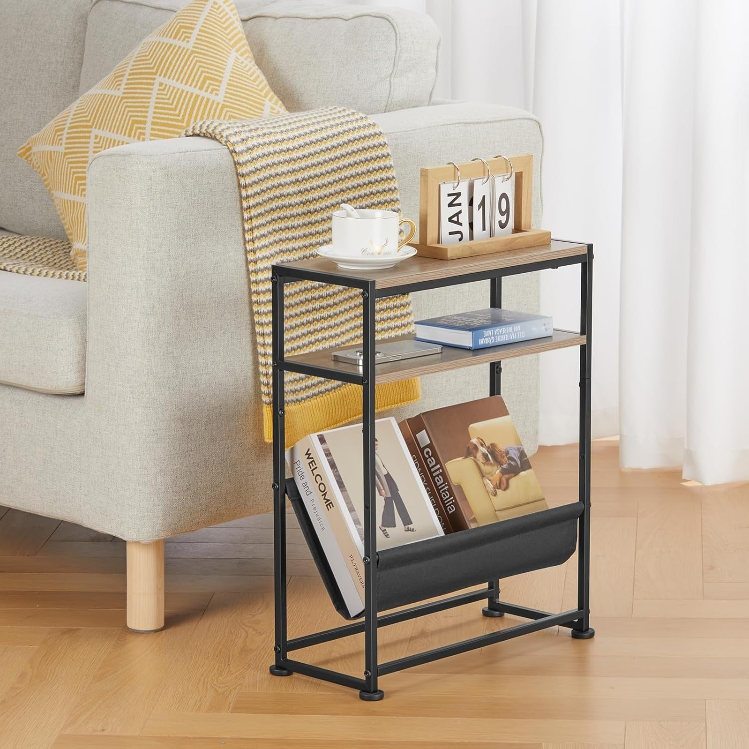 Slim Oak Side Table with Storage – Narrow Sofa End Table + Magazine Rack