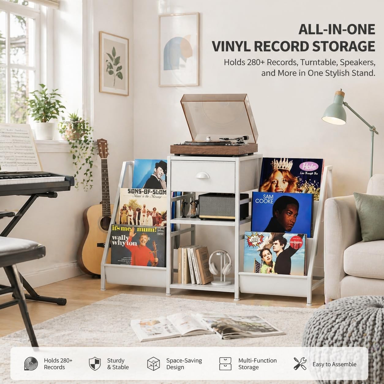 Vinyl Record Player Stand Storage Cabinet Holds 280 Albums White