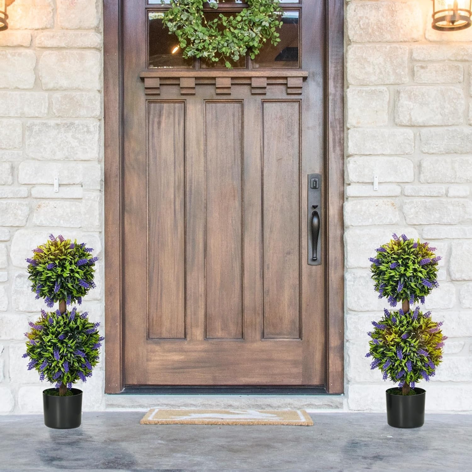 Set of 2 70cm Artificial Green Lavender Topiary Ball Trees in Weighted Pots Home