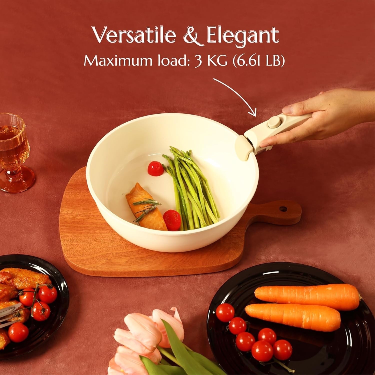 5pcs Cream Ceramic Cookware Set Removable Handle Induction & Oven Safe