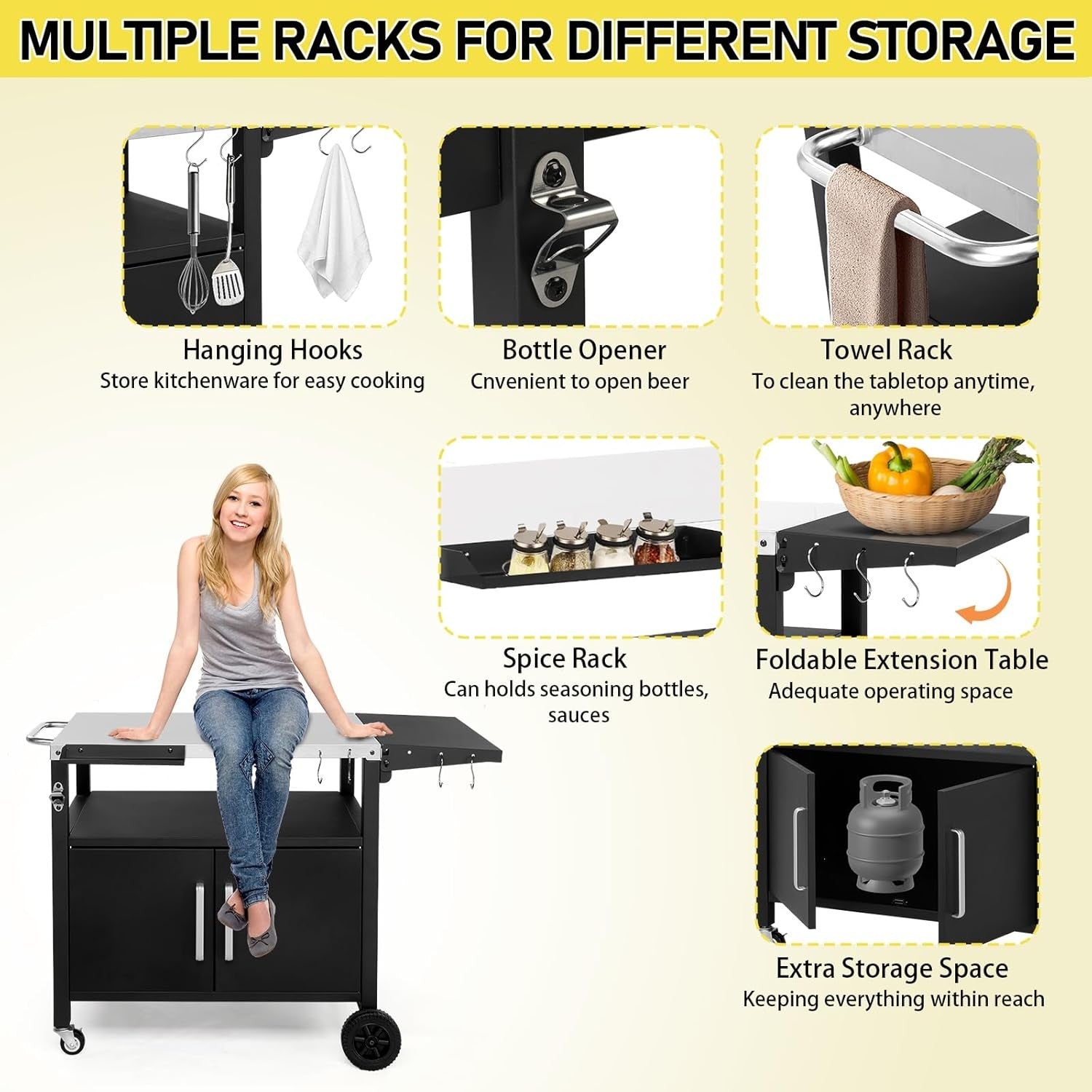 Outdoor Grill Cart BBQ Trolley Stainless Steel Top Cabinet Wheels Prep Table