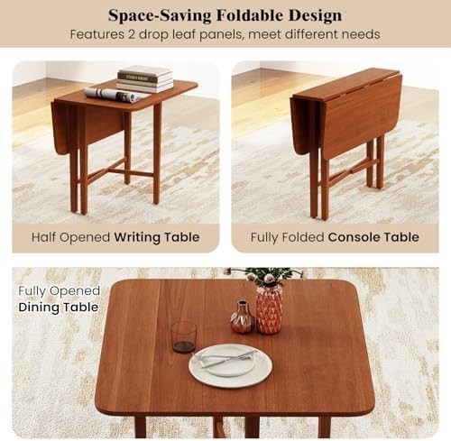 Folding Drop Leaf Dining Table for Small Spaces with Rubber Wood Legs