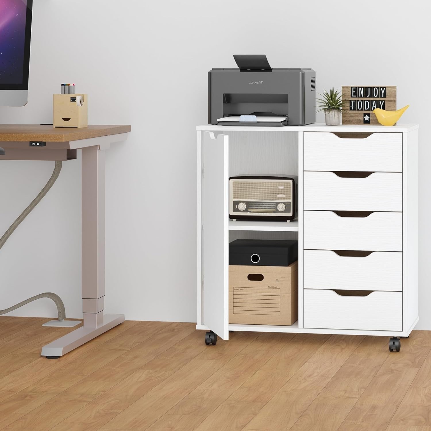 White Mobile File Cabinet 5 Drawer Side Cupboard Rolling Storage