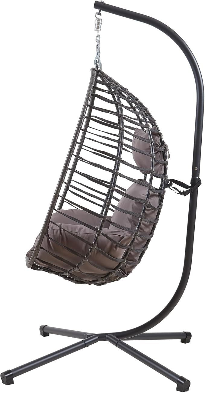 Hanging Egg Chair with Stand Outdoor Indoor Swing Seat Grey Rattan Cushion