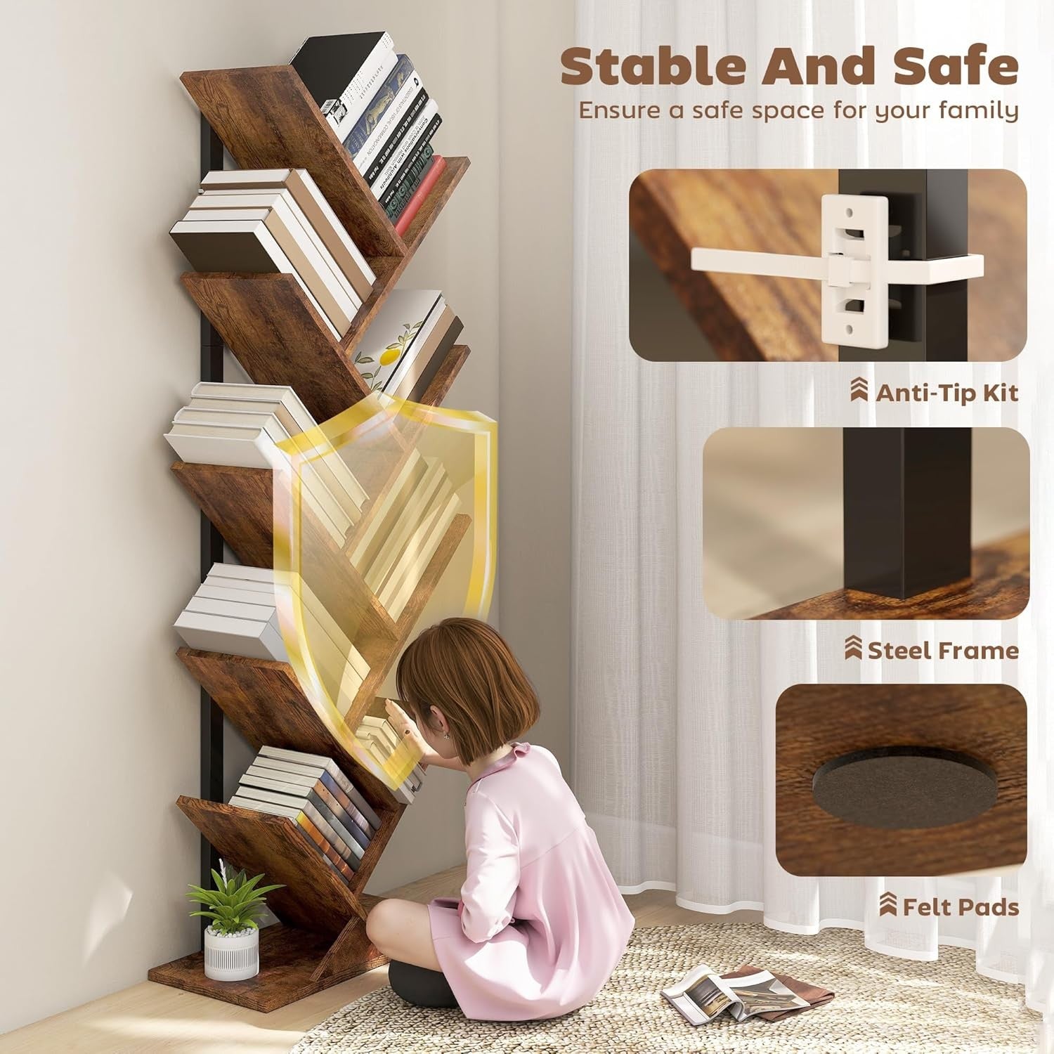 9-Tier Tree Bookshelf Rustic Brown Vertical Bookcase Industrial Space-Saving Uni