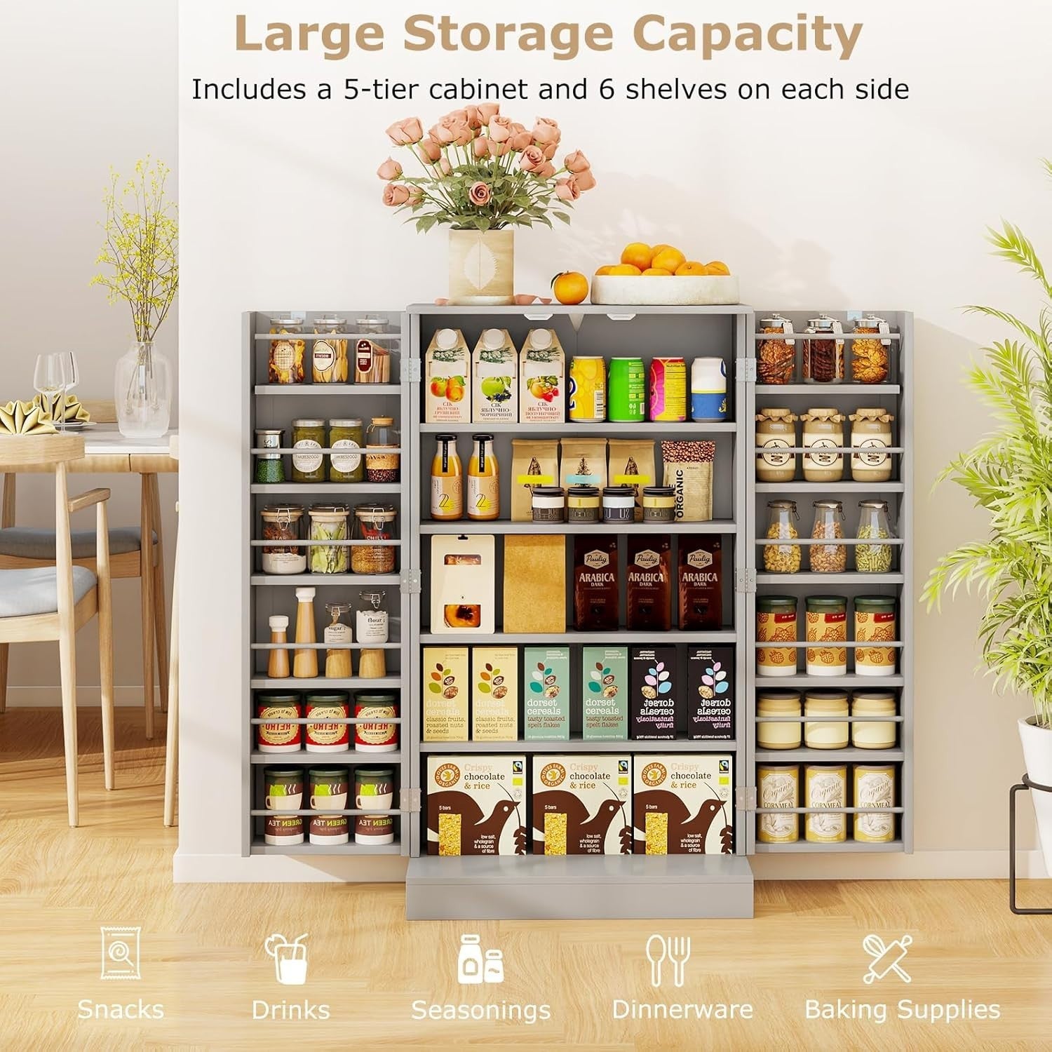 Compact Grey Pantry Cabinet with 2 Doors and 17 Storage Shelves