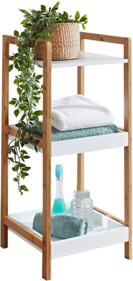 3 Tier Narrow White Shelving Unit Bookcase Bamboo Storage Shelf 72cm High
