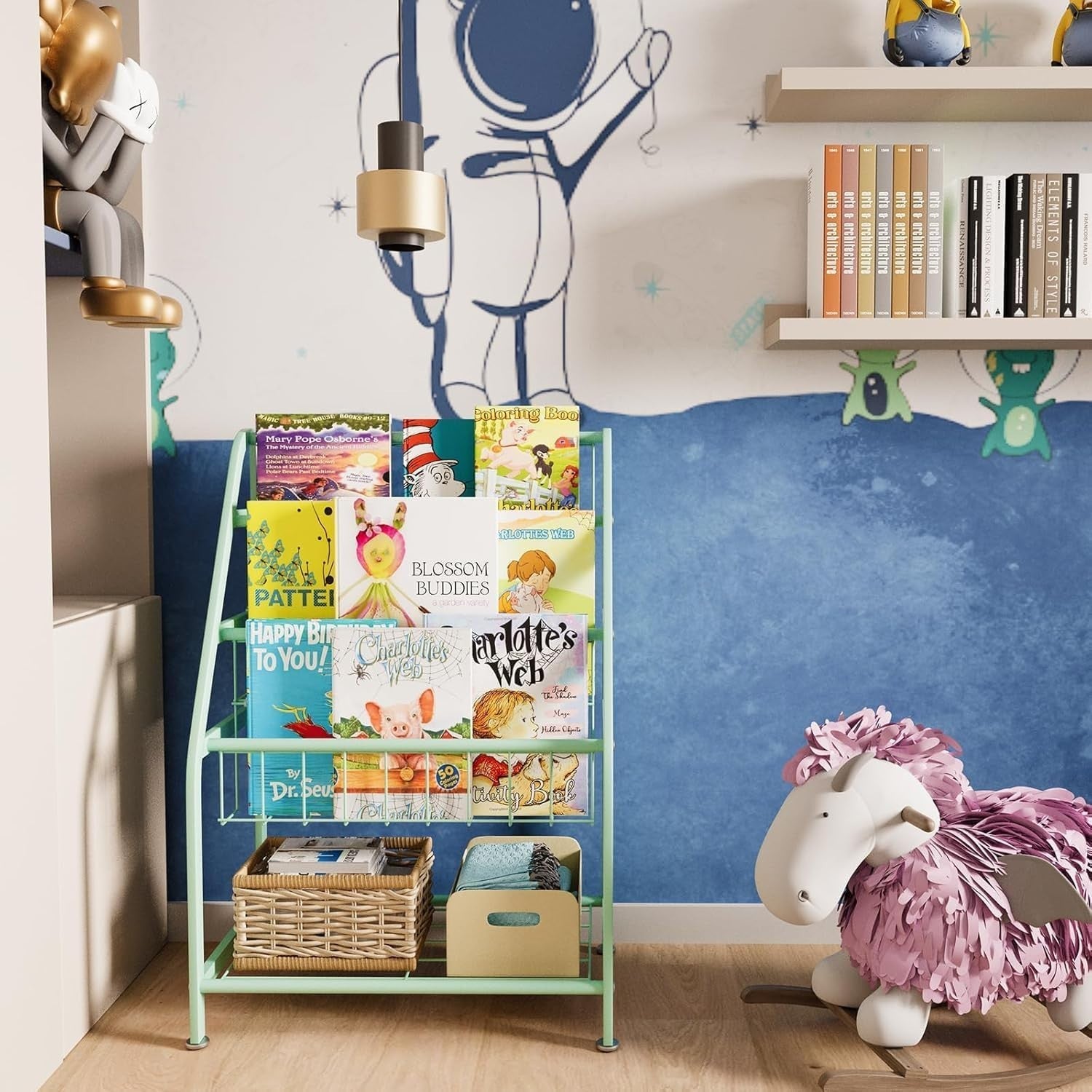 Kids Leaning Bookshelf & Toy Organizer Rack – Durable Metal, Space Saving
