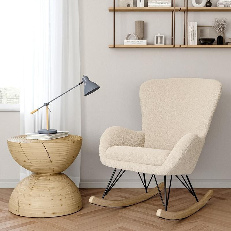 Beige Sherpa Rocking Chair High Back Seat with Arms & Wood Runners