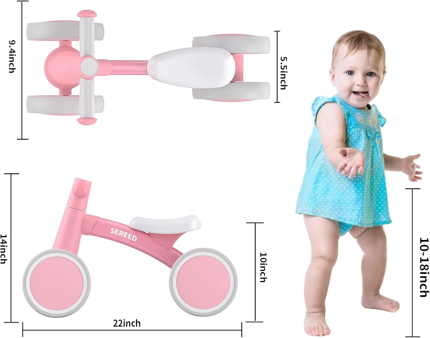 Baby Balance Bike 10 Inch 4 Wheel Toddler First Bike Pink 12-24 Months
