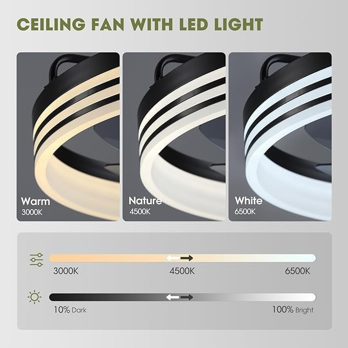 50cm Modern Black Ceiling Fan Light with Remote & App, 6 Speeds, Dimmable LED