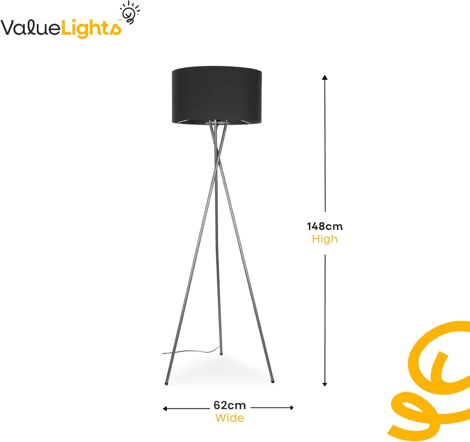 Modern Chrome Tripod Floor Lamp Dark Grey Shade Tall Living Room Light
