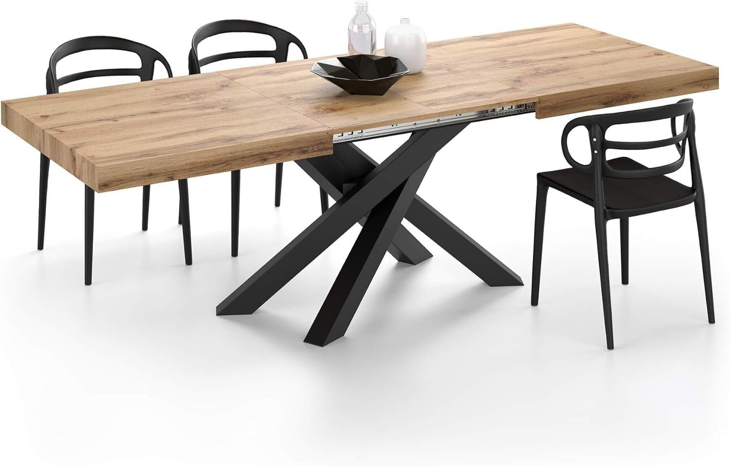 Extendable Walnut Dining Table 160–240cm w/ Rustic oak Cross Black Legs Modern