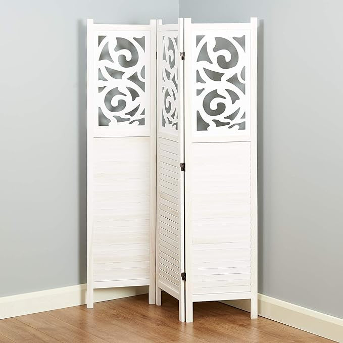 White Wooden Room Divider 3 Panel Folding Screen – Shabby Chic Privacy Partition