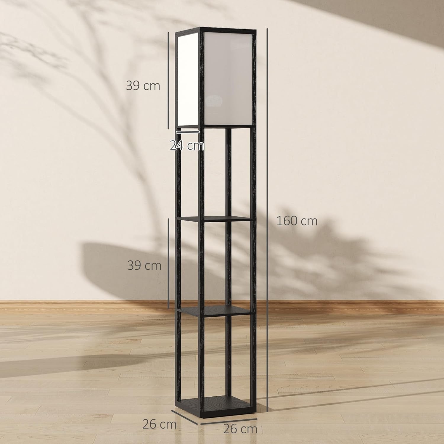 Floor Lamp with Shelves Storage Standing Light Black Modern 3 Tier 160cm