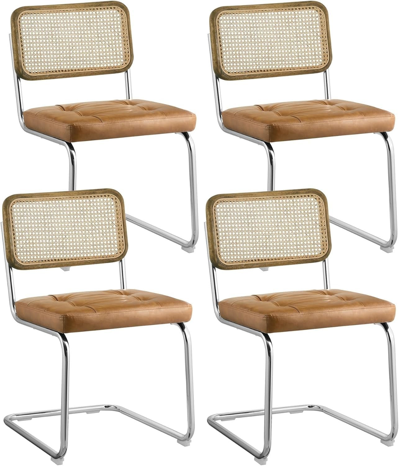 4x Cane Back Dining Chairs Faux Leather Seats Chrome Legs Mid Century Brown