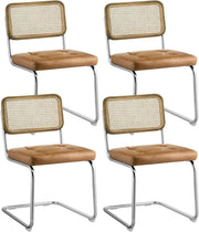4x Cane Back Dining Chairs Faux Leather Seats Chrome Legs Mid Century Brown