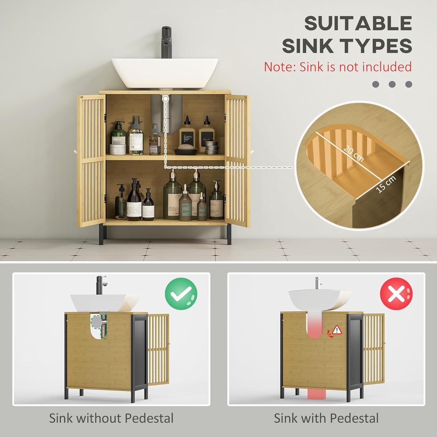 Bamboo Bathroom Sink Cabinet Under Sink Storage Unit with Adjustable Shelf