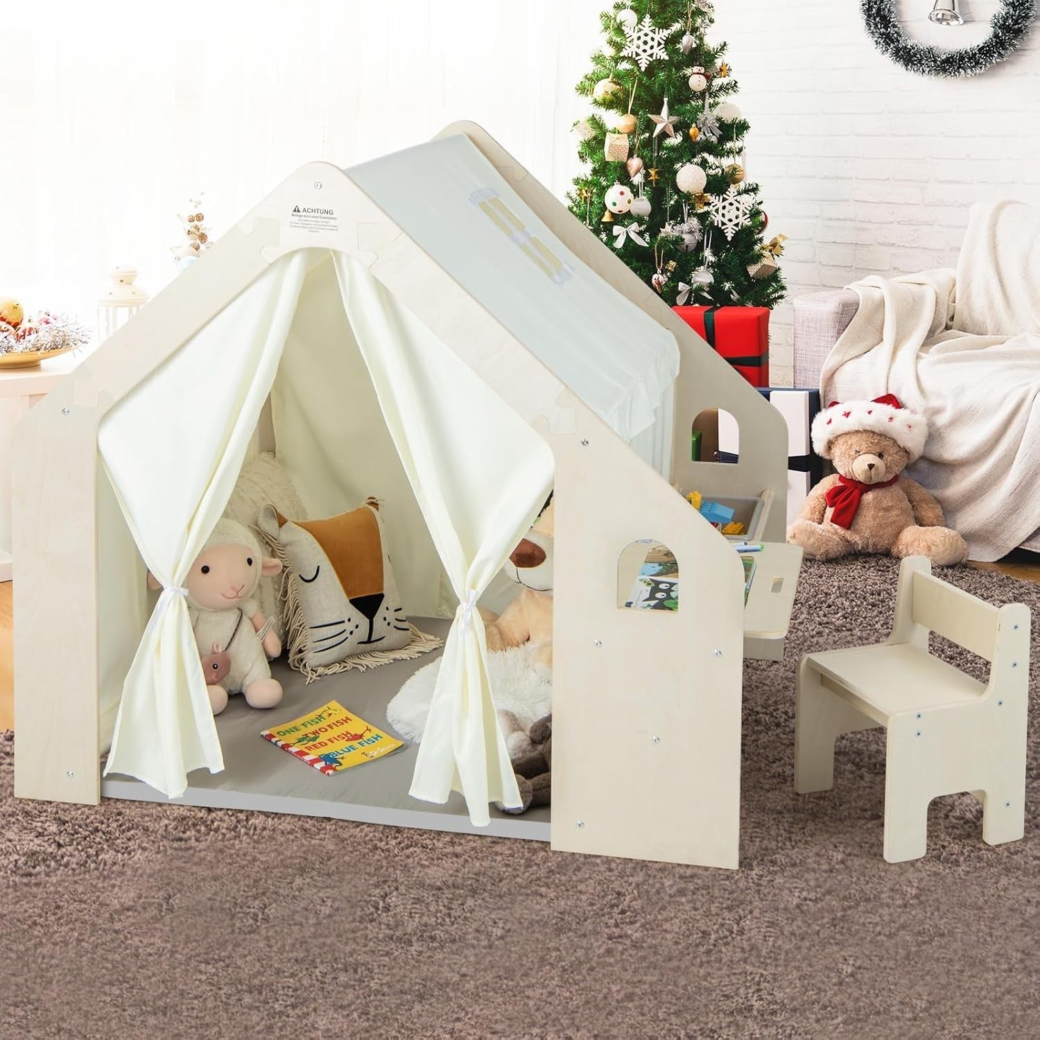 6 in 1 Kids Indoor Play Tent Wooden Playhouse w Mat Table Chair