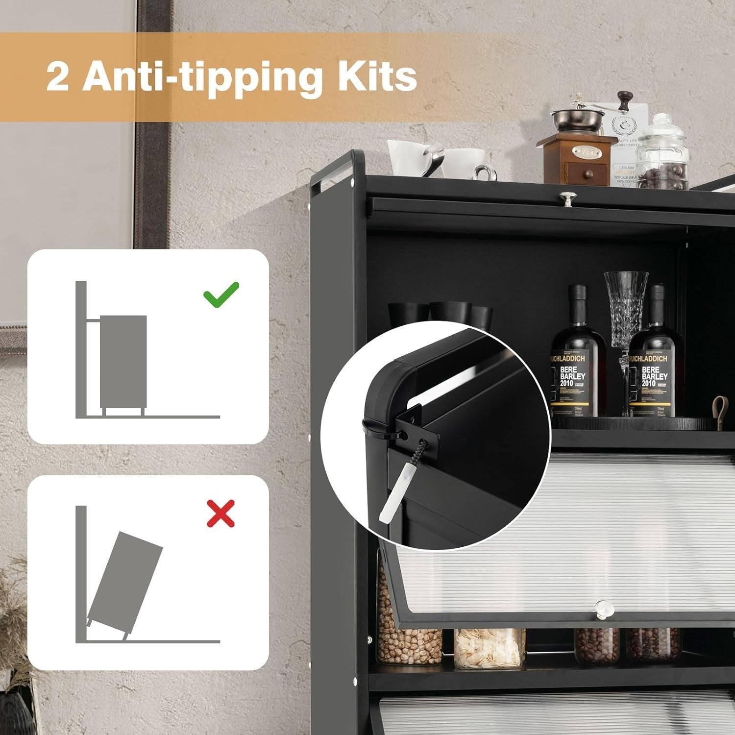 60x32x154cm Black Rolling Kitchen Cabinet 5-Tier Pantry Storage with Wheels