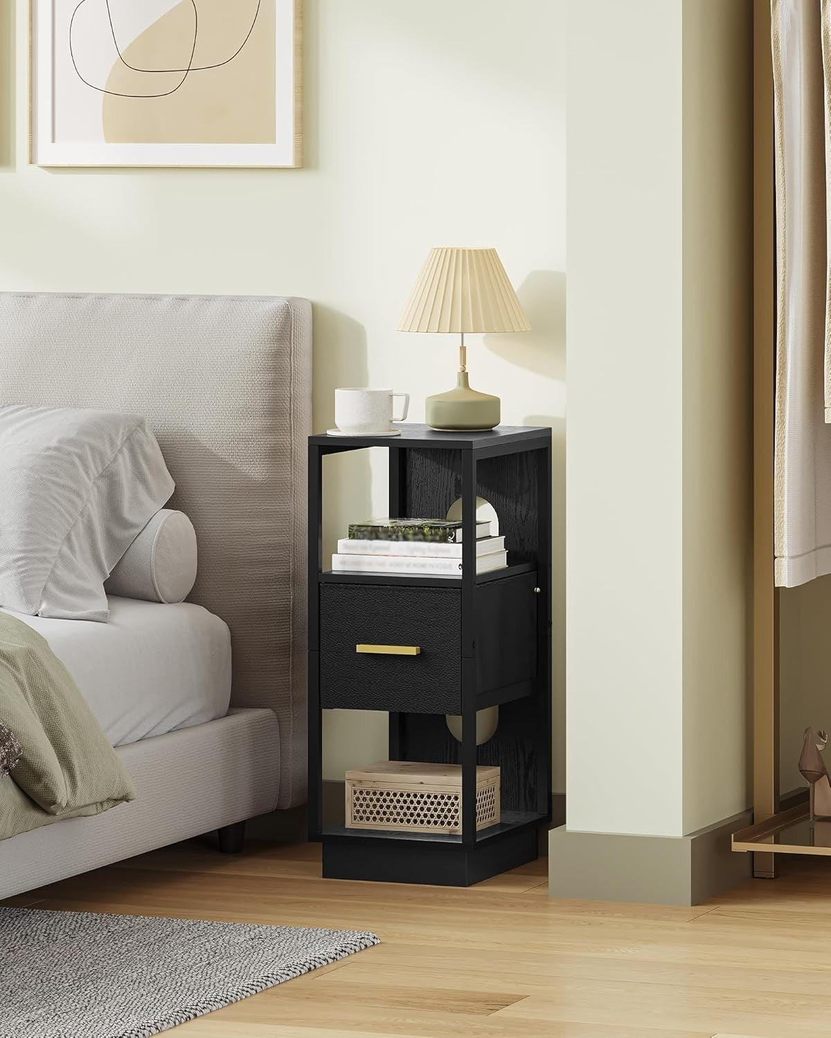 Set of 2 Slim Black Bedside Tables – Modern Narrow Nightstands with Drawer & She