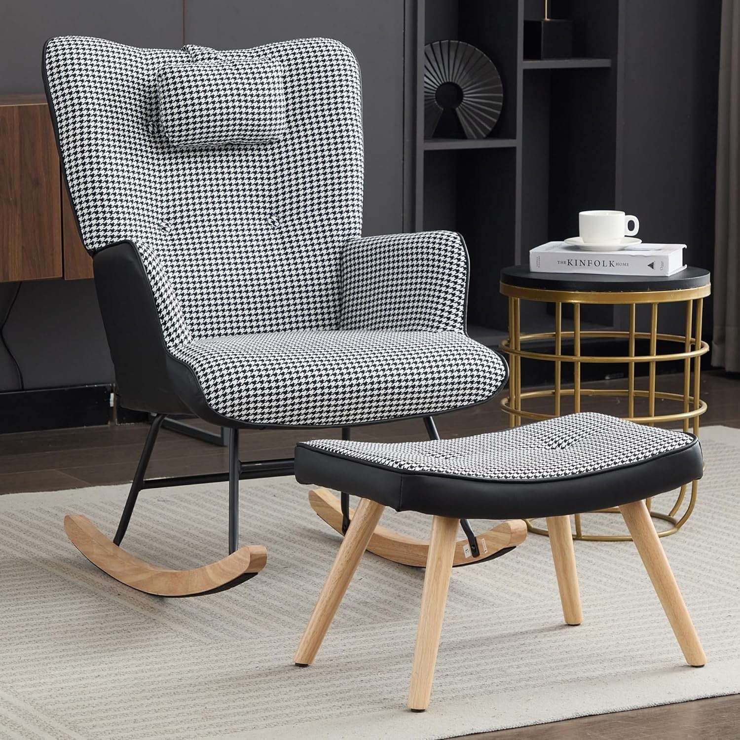 Houndstooth Rocking Chair w/ Footstool & Pillow Lounge Seat for Nursery
