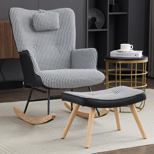 Houndstooth Rocking Chair w/ Footstool & Pillow Lounge Seat for Nursery