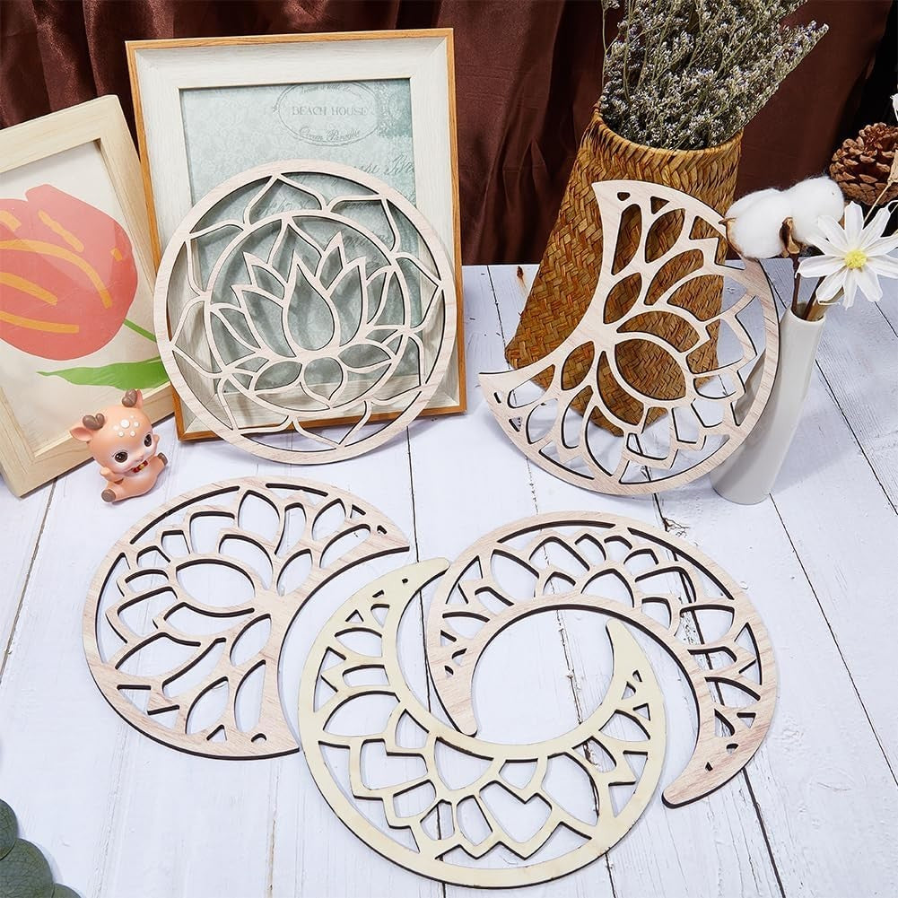 Moon Phase Wall Decor Wooden Boho Lotus 5-Piece Hanging Art