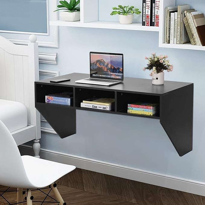 Wall Mounted Floating Computer Desk Laptop Table Storage Shelves Black