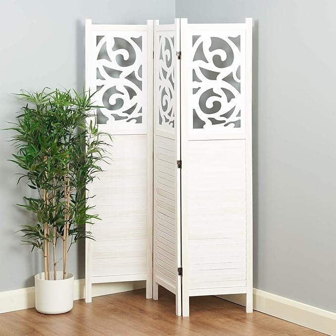 White Wooden Room Divider 3 Panel Folding Screen – Shabby Chic Privacy Partition