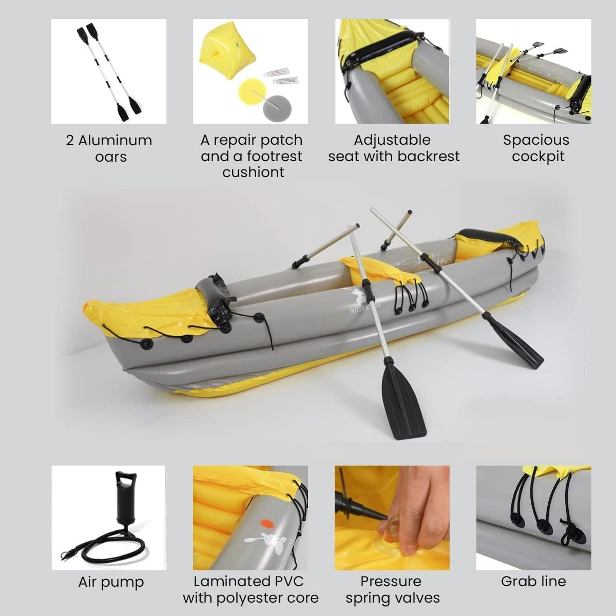 2 Person Inflatable Kayak Set w/ Oars Pump Seats Yellow Black