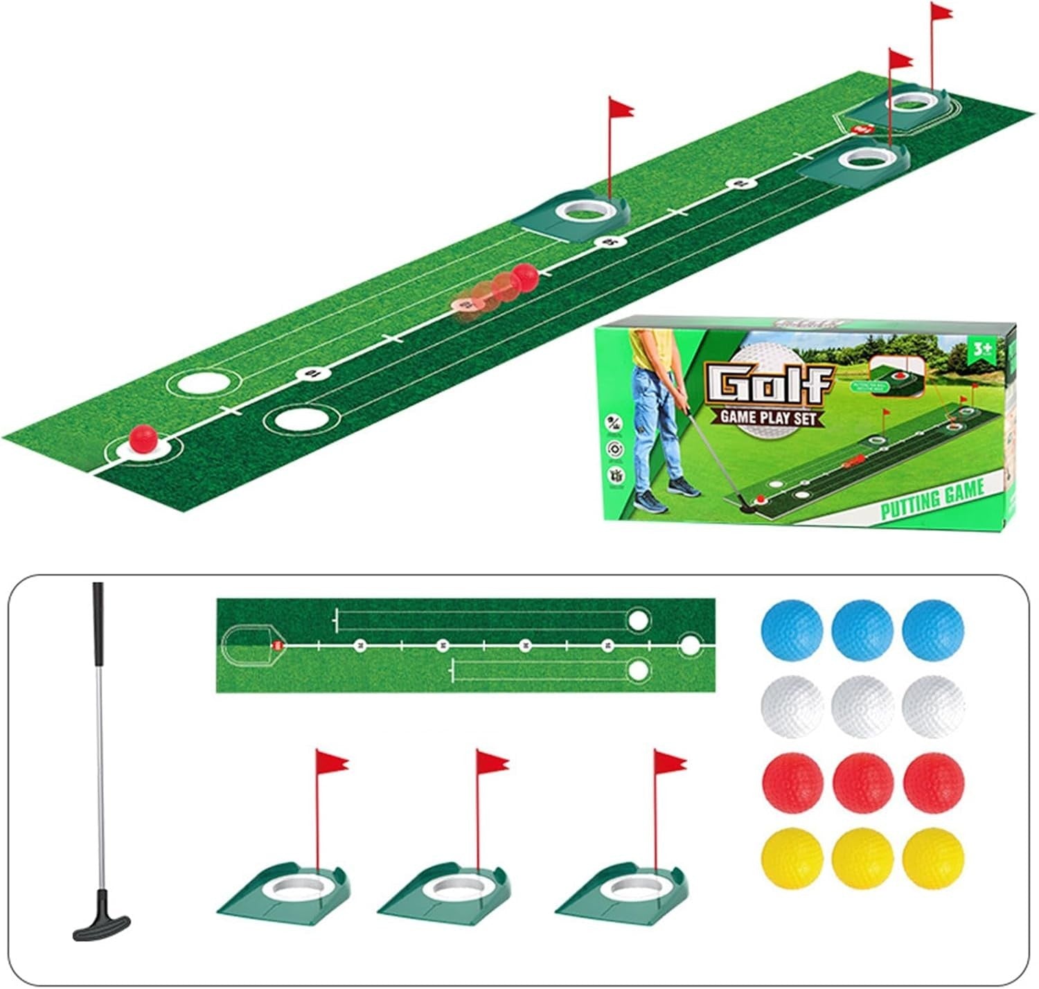 Golf Putting Mat Indoor Outdoor Practice Set w Balls Flags Cups Training