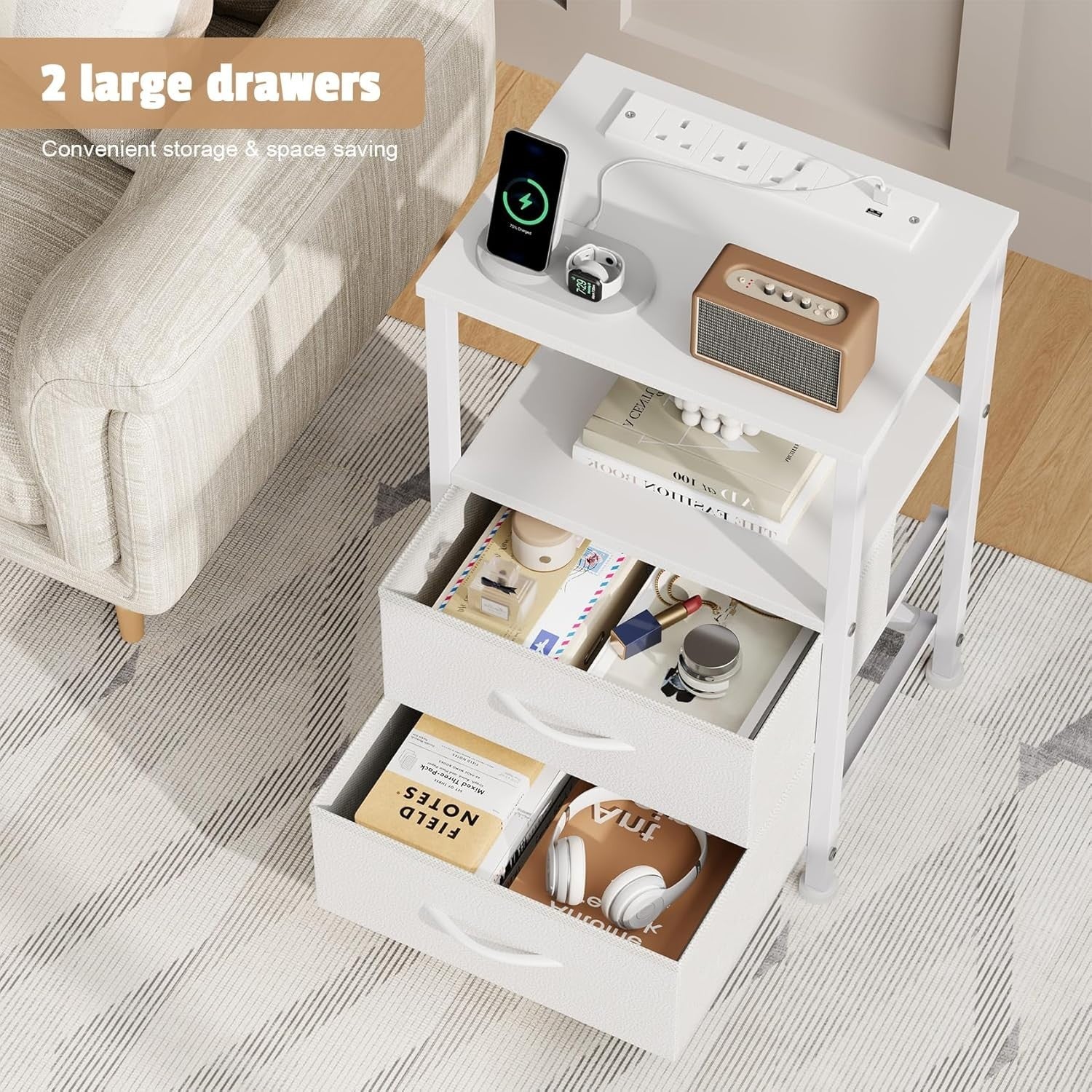 Set of 2 White Bedside Tables with LED Lights & USB Charging Ports
