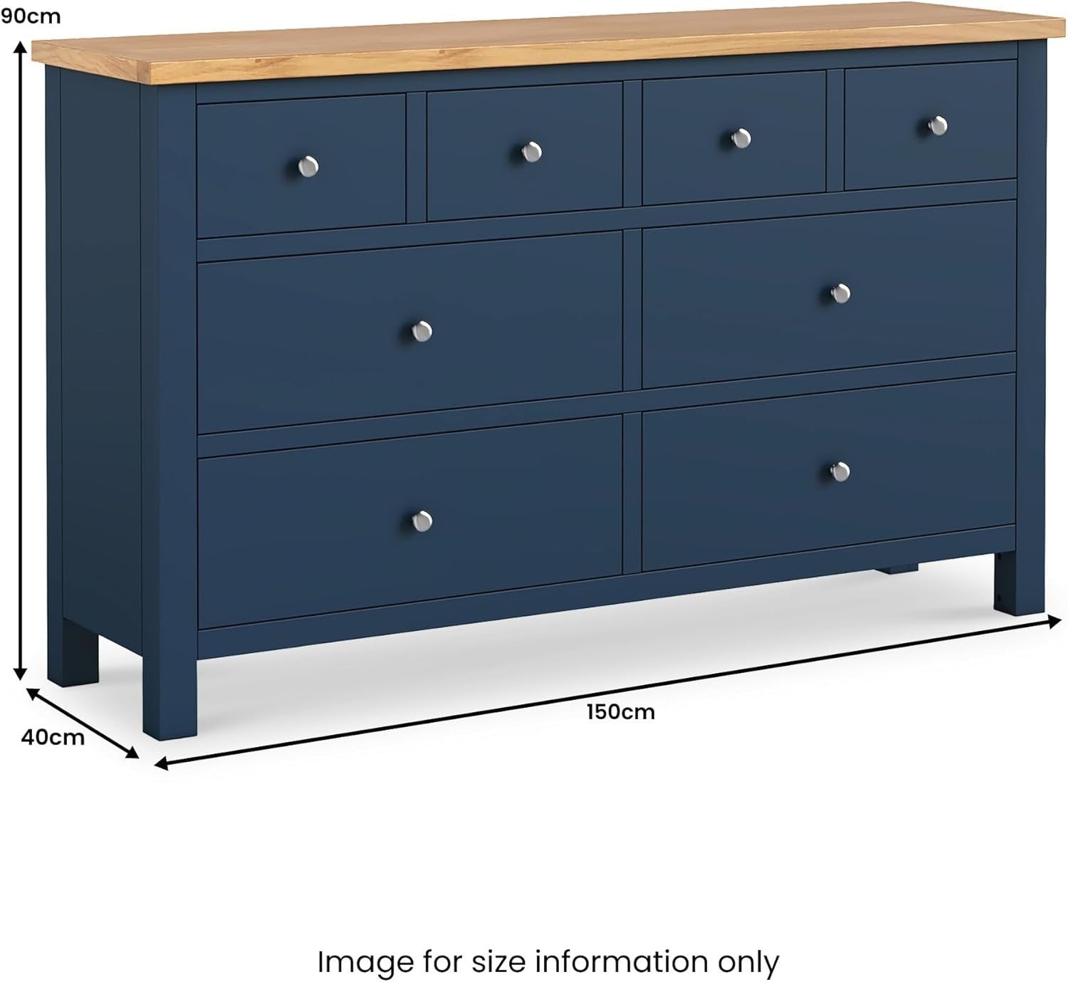Navy Blue 8 Drawer Chest with Oak Top – Large Solid Wood Bedroom Storage