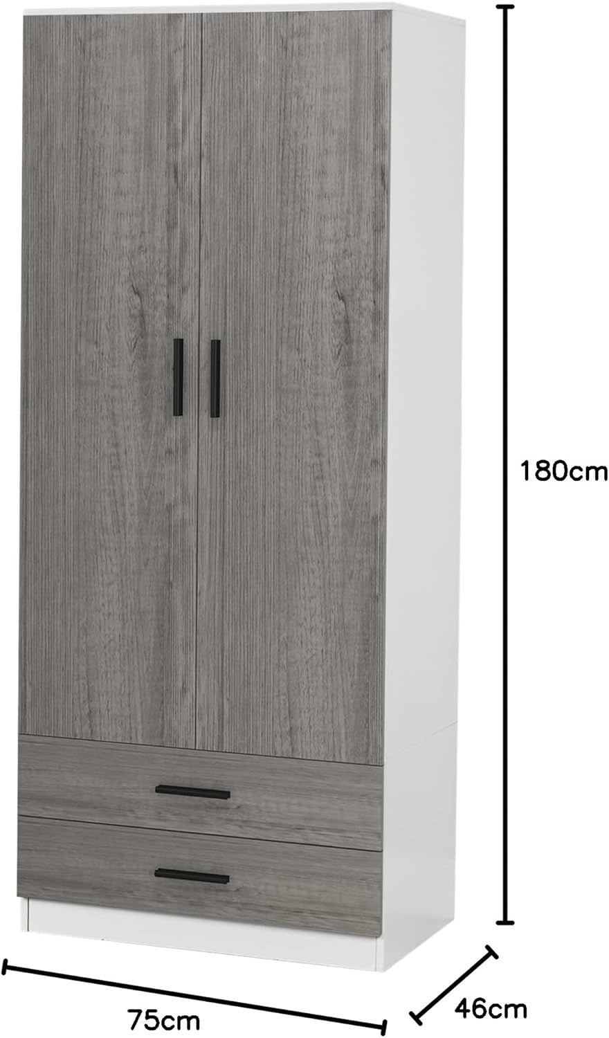 Tall 2 Door Wardrobe Ash Grey Drawers Hanging Rail Storage Cupboard