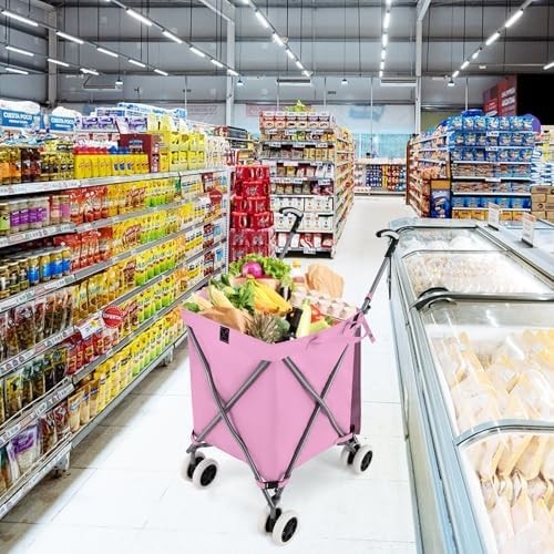 90L Folding Shopping Trolley 8 Wheels Large Push Cart Waterproof Pink